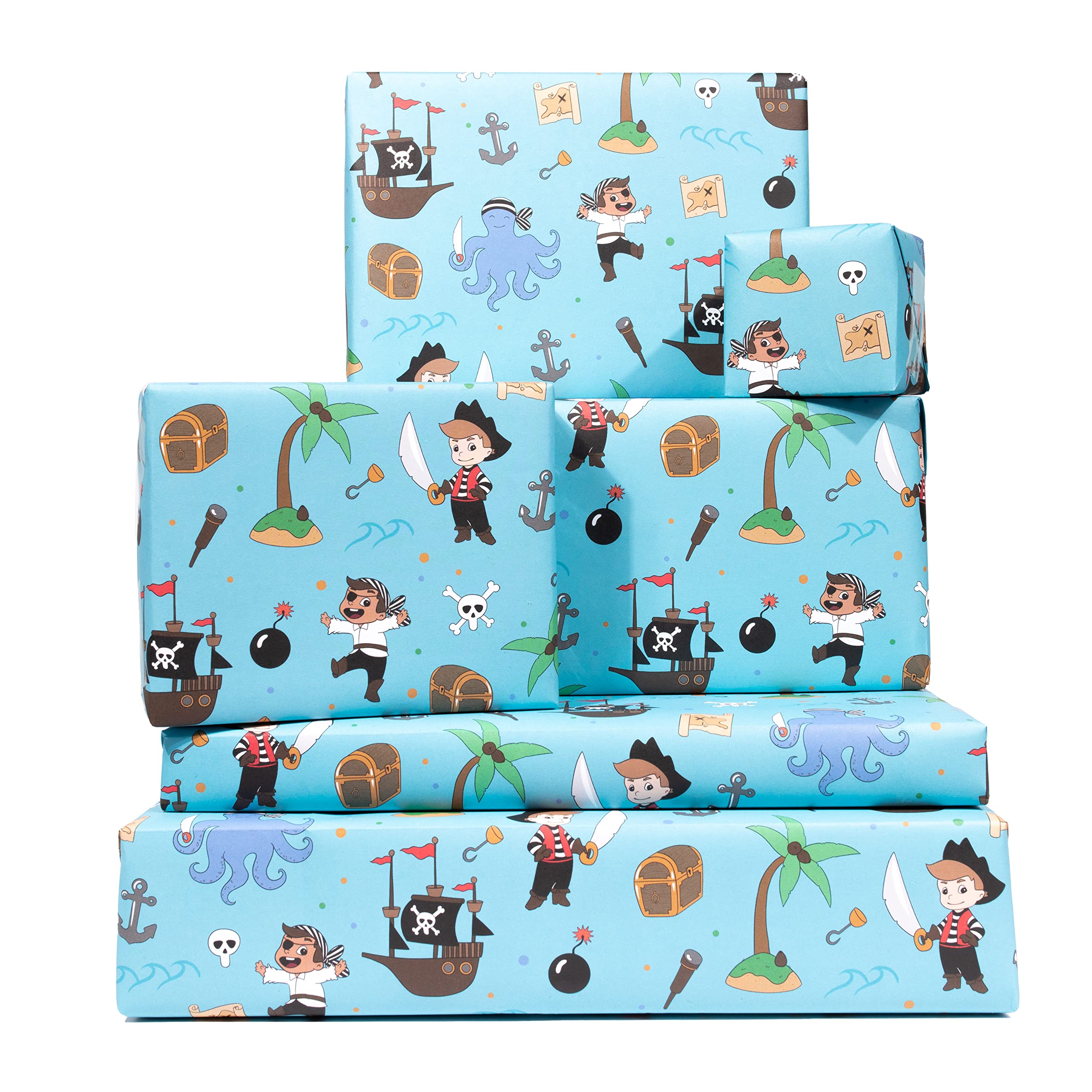 Central 23 - Pirate Gift Wrap - 6 Sheets of Cool Wrapping Paper for Kids - Pirates Treasure Ship Island - For Boys Girls - Son Nephew Grandson - Blue - Recyclable