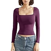 SUUKSESS Women Square Neck Long Sleeve Tops Double Lined Going Out T Shirts