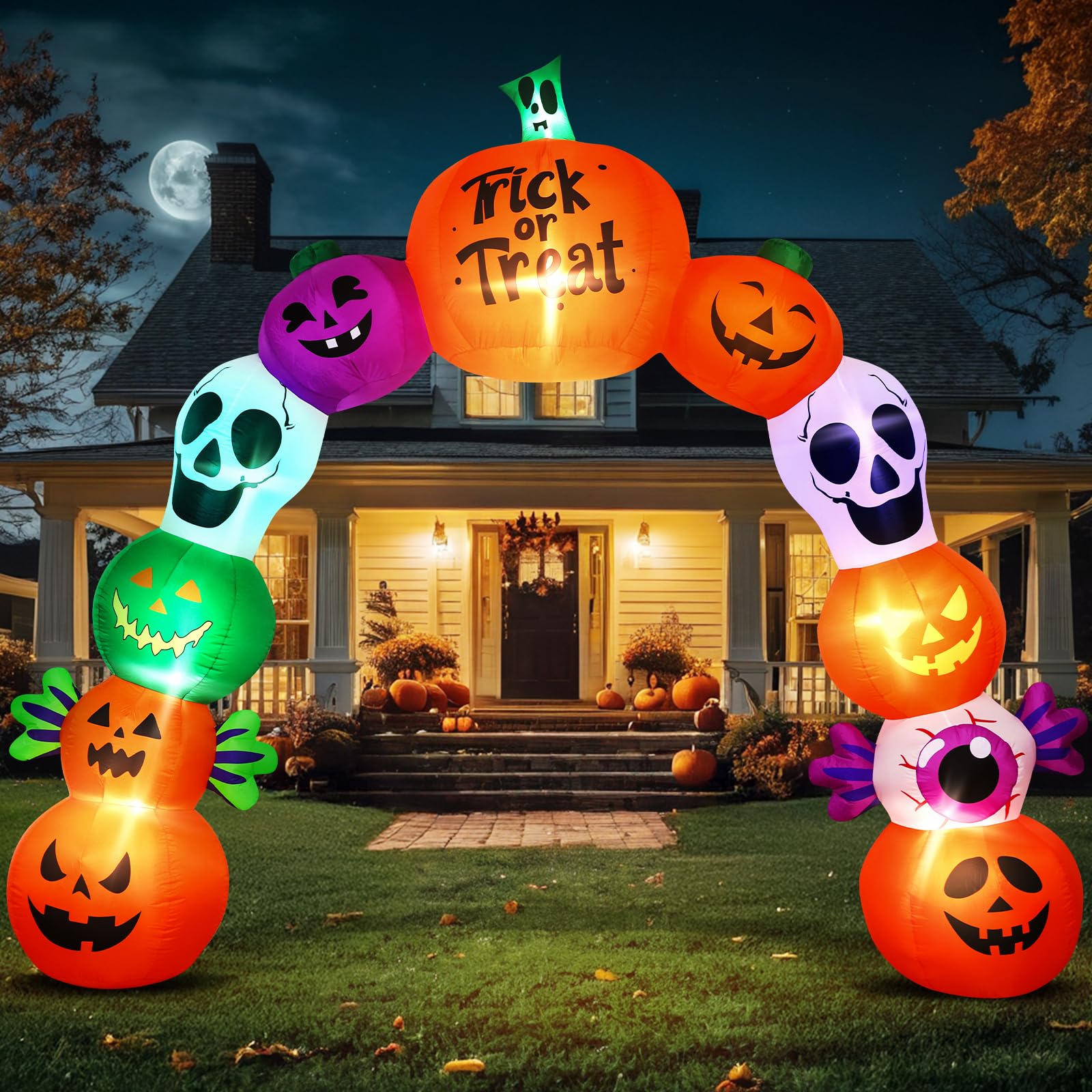 Photo 1 of 10FT Halloween Inflatables Pumpkin Skeleton Archway with Built-in LED Lights – Blow Up Yard Decoration with Candy Pumpkins for Indoor Outdoor Lawn Garden