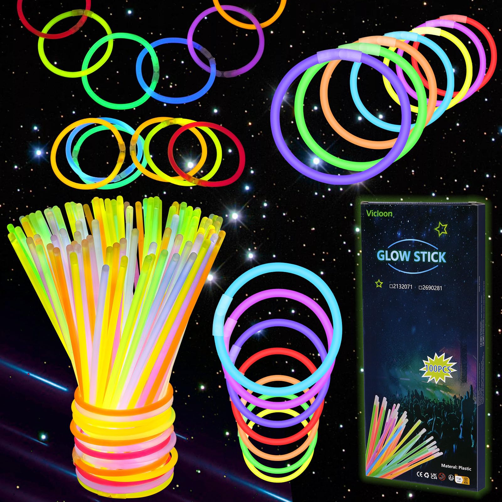 Vicloon 100 Glow Sticks for Children, Mixed Multicolored Glow Sticks-Kit to Create Glowsticks, Bracelets, Necklaces, Glasses and Ball for Party Supplies, Concert, Birthday