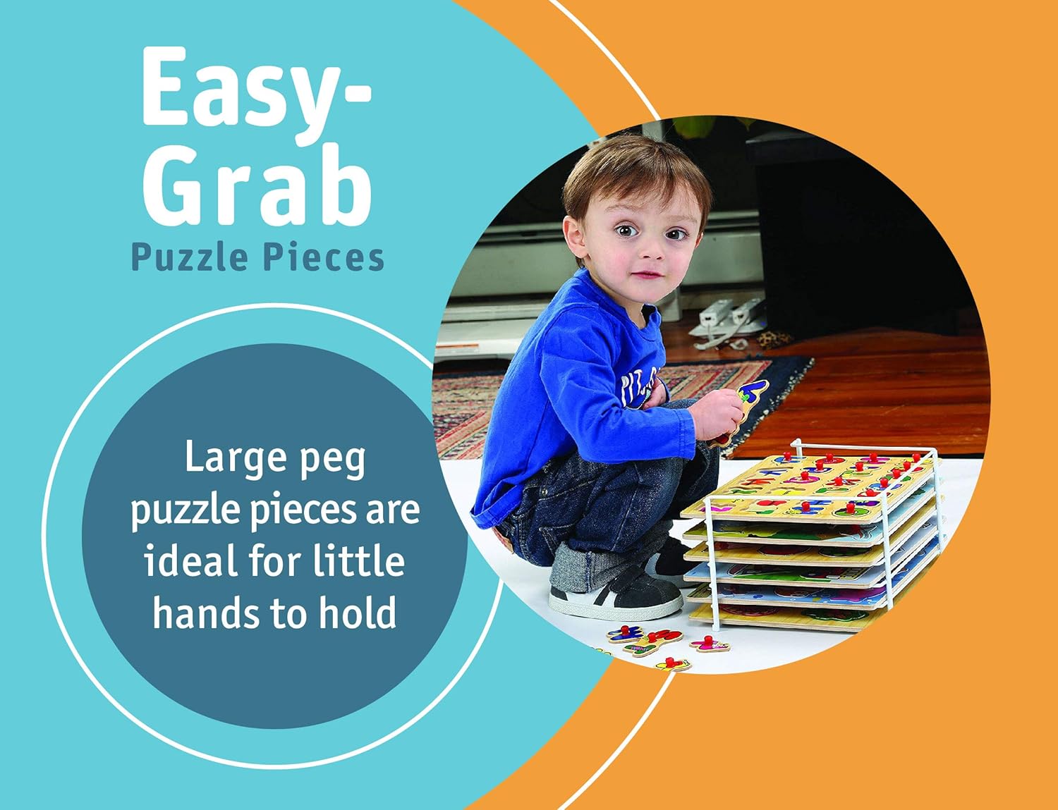 Etna Wood Peg Puzzle Set with 6 Puzzles and Wire Storage Rack ABC, Numbers, Shapes, Vehicles and Animals Educational Puzzles for Kids 3 and Up: Toys & Games