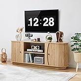 Turtle & Myrtle 63" Mid Century Modern TV Stand for Tvs up to 70", Fluted TV Media Console Table with Storage and Adjustable Shelves, Curved Edge Entertainment Center for Living Room(Natural)