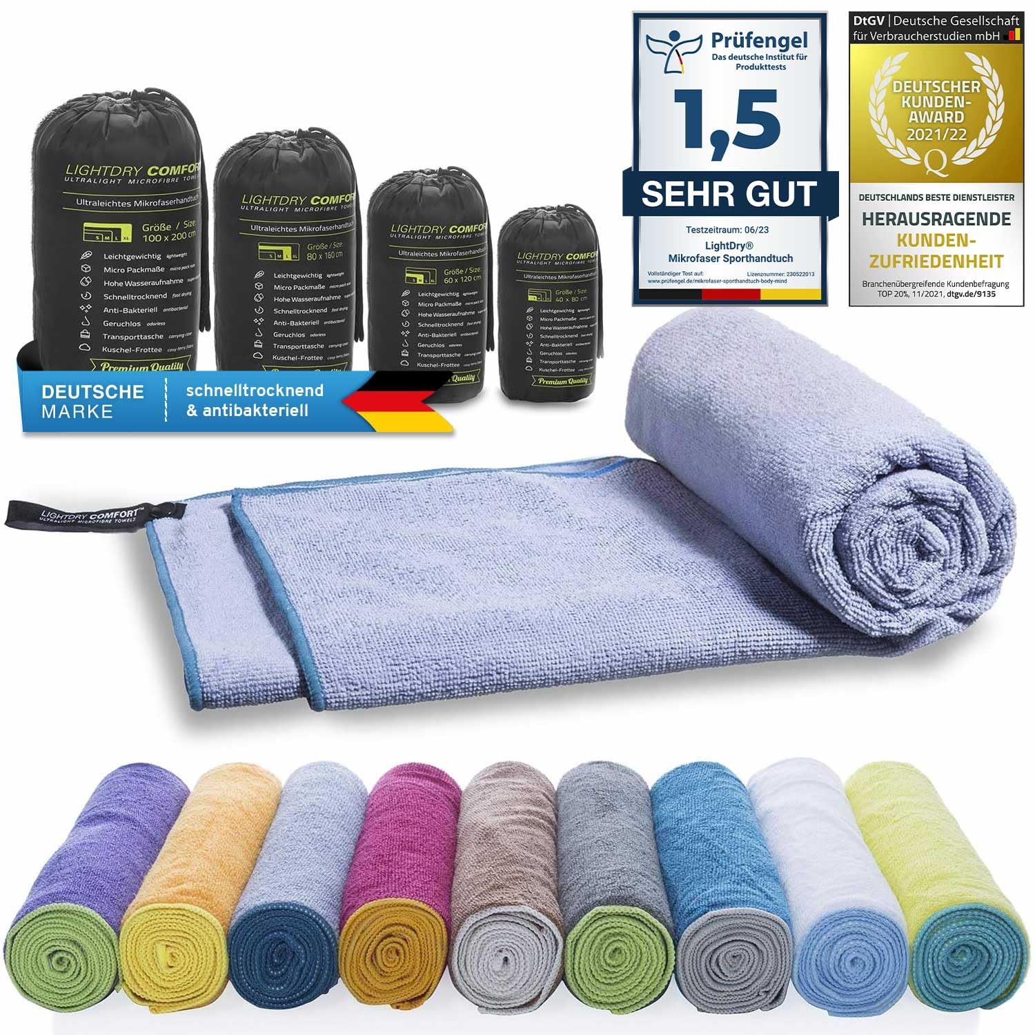 Original microfiber backpack sports towel for women and men travel towel extremely quick-drying sports beach and bath towel absorbent, light and antibacterial different sizes (200x100cm, Blue-Grey)