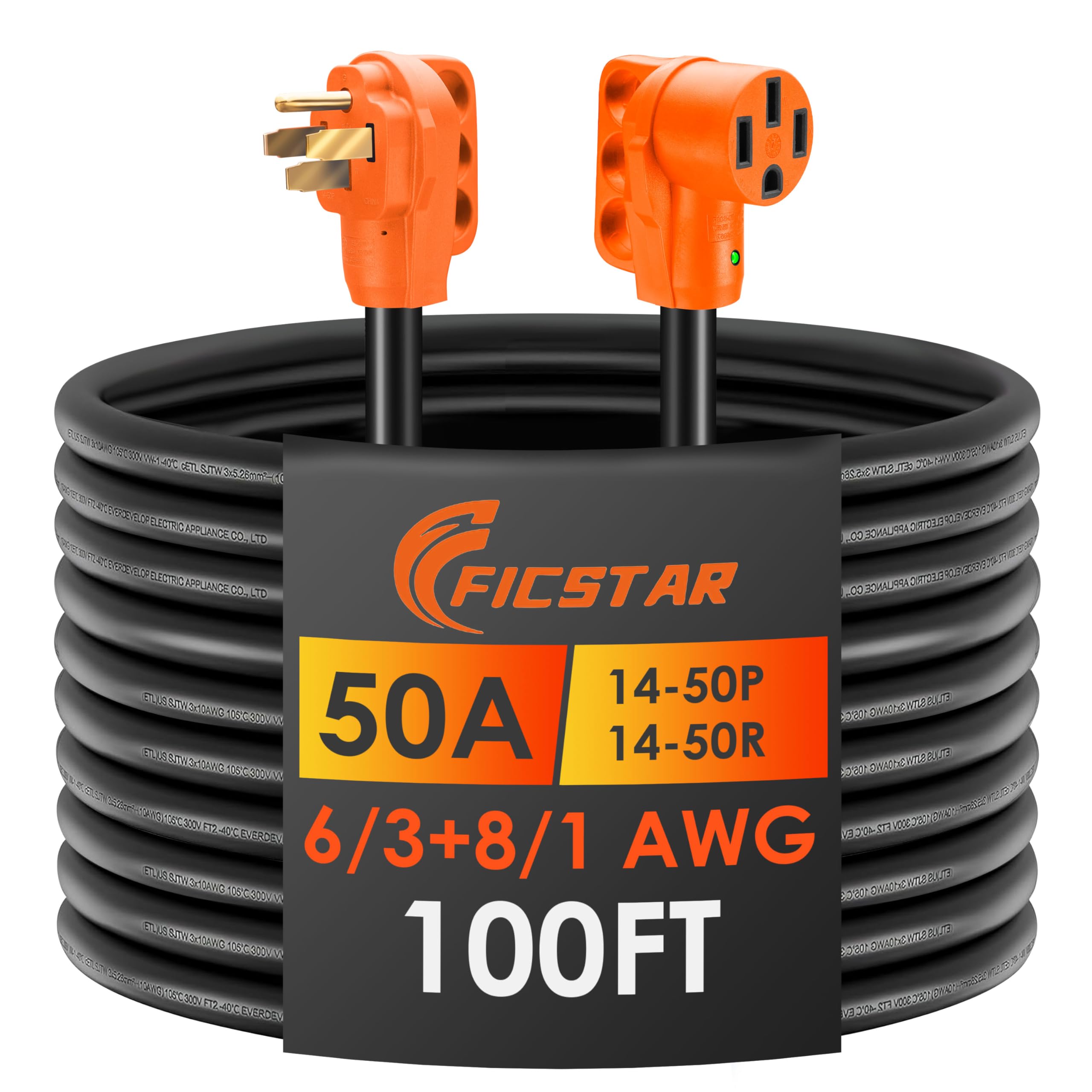 Photo 1 of Ficstar 100FT 50 Amp RV Extension Cord Outdoor with Grip Handle, 125/250V, 12500W, 4 Prong, Heavy Duty 6/3+8/1 Gauge STW, NEMA 14-50P to 14-50R with LED Power Indicator & Polarity Lamp, UL&ETL Listed
