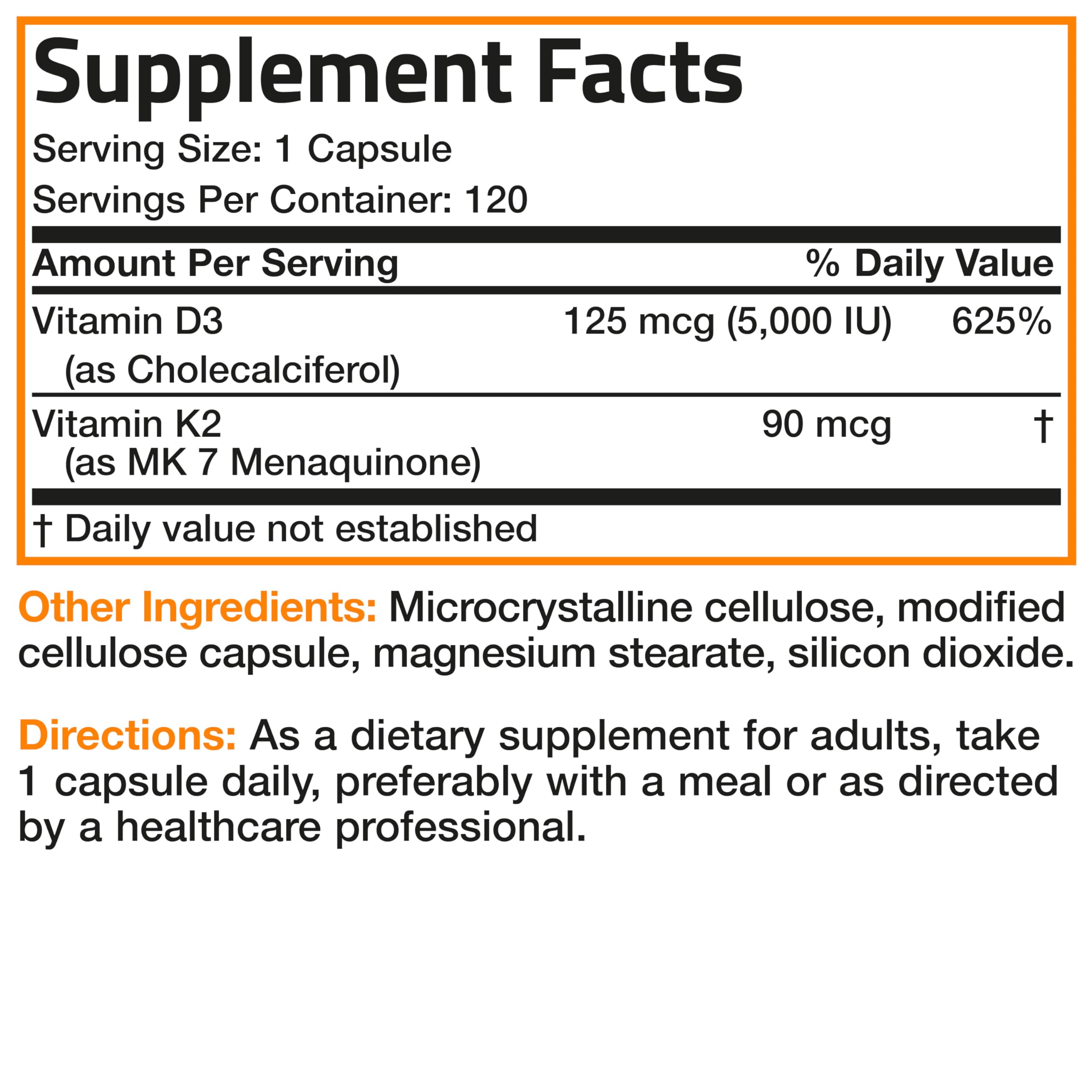 Bronson Vitamin K2 (MK7) with D3 Supplement Non-GMO Formula 5000 IU Vitamin D3 & 90 mcg K2 MK-7 Easy to Swallow D & K Complex, 120 Capsules
