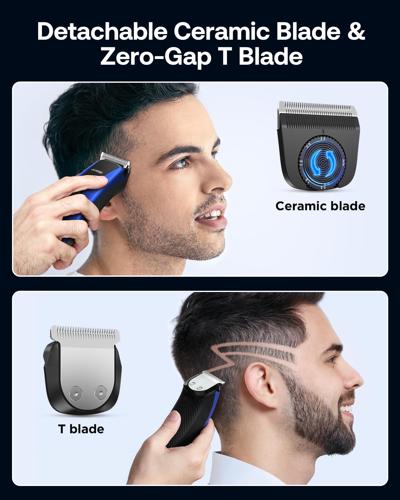 GLAKER Hair Clippers for Men - Cordless 2 in 1 Versatile Hair Trimmer with 10 Guards, Detachable Blades & Turbo Motor, Professional Mustache Grooming Kit for Barbers, USB C Rechargeable