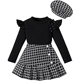 Yagudu Toddler Girl Outfits Ruffled Long Sleeve Top Plaid Tweed Skirt and Beret Set Fall Winter Girls Clothes Size 3-8