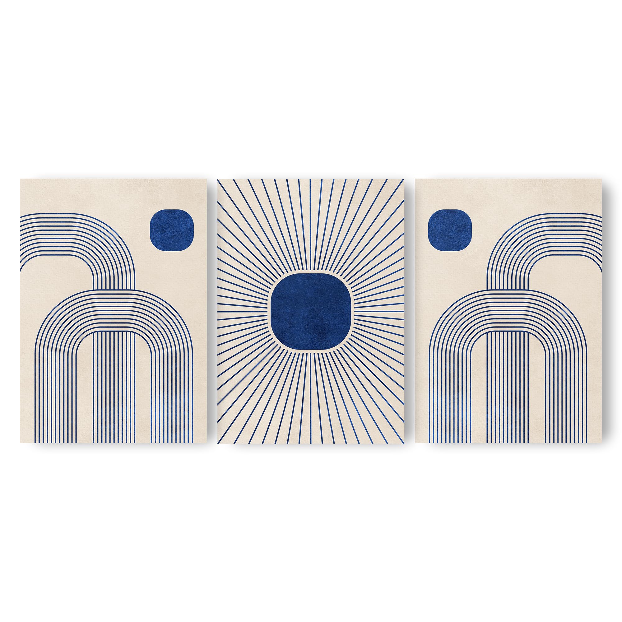 Adam and Alice – Premium Unframed Boho Wall Art Print – Textured Minimalist Modern Boho Line Art - Home Decor for Living Room Stairs Bedroom Office Neutral/Blue - A2 – Set of 3