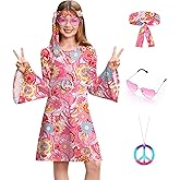 BesserBay Girl's 4 Pcs Halloween 70s Hippie Dress Bell Sleeve Floral Printed Outfit 4-14 Years