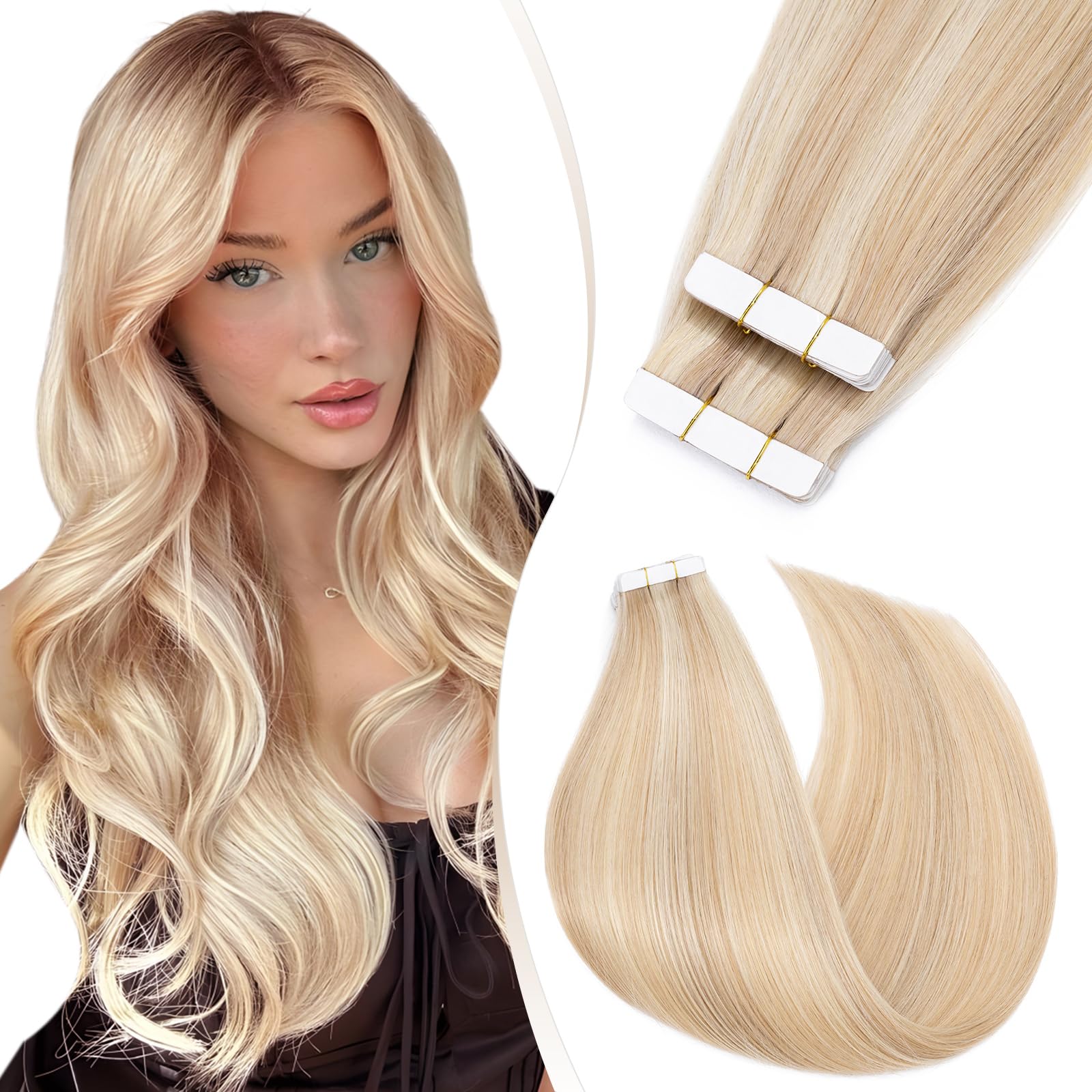 Elailite Tape in Extensions Human Hair 40 Pcs Invisible Thin Type (1.5g/pcs) - Skin Weft Real Remy Hair Extension (#18/613 Ash Blonde Mix Bleach Blonde, 24 Inch-60g) — image 1