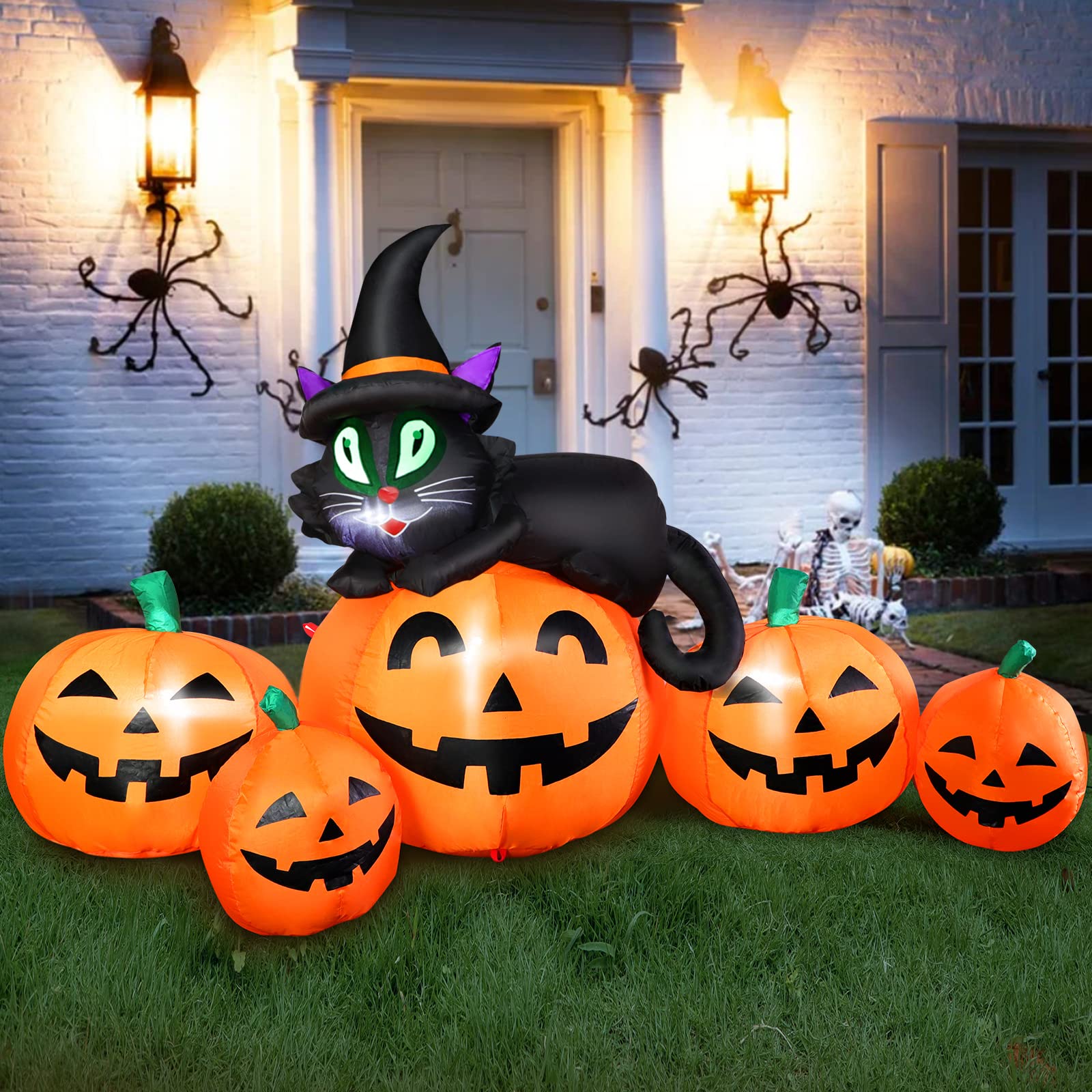 Photo 1 of 5FT Halloween Inflatable Pumpkin Outdoor Decoration, Lighted Blow Up Yard Decor, 5PCS Pumpkins with Witch’s Black Cat Built-in LED Lights for Balcony Home Holiday Party Lawn Patio Outside Events Prop