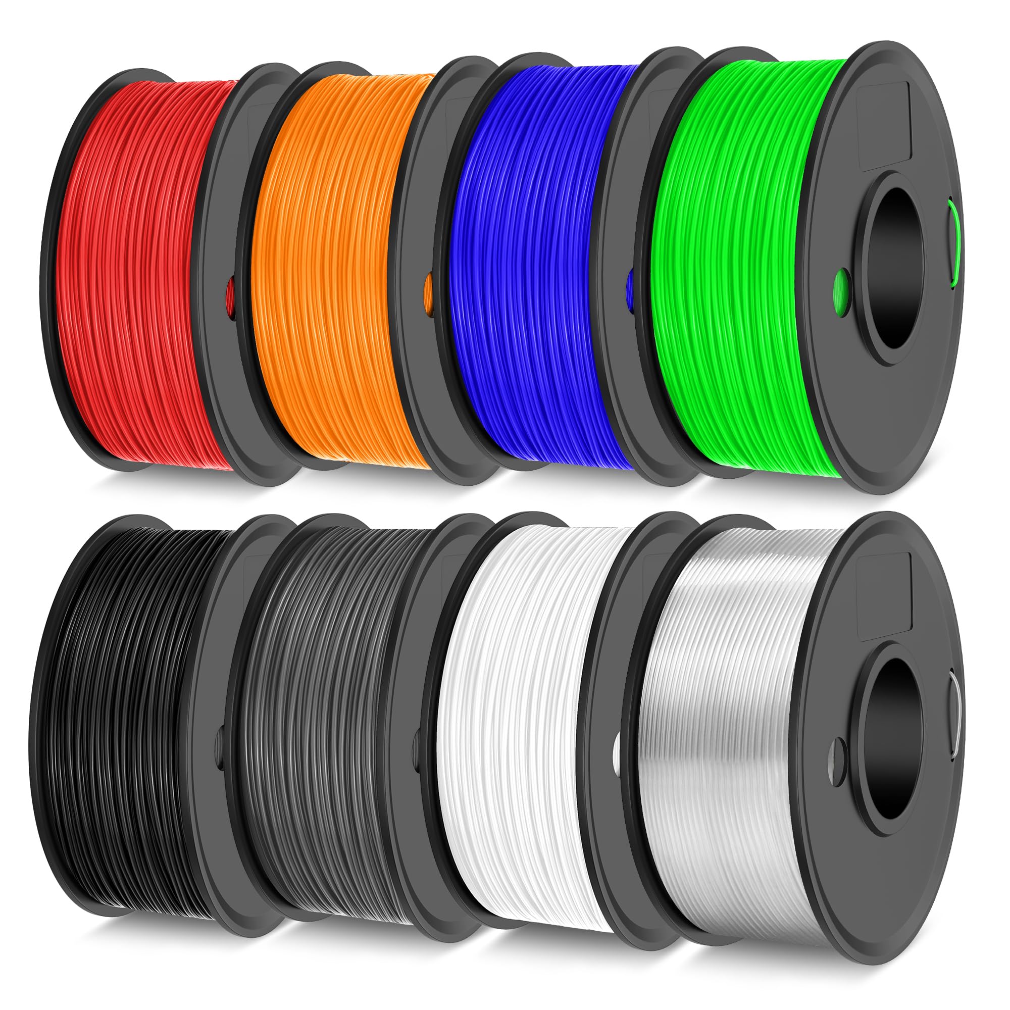 Photo 1 of TECBEARS TPU Filament 1.75mm, 95A 3D Printer Filament, Flexible TPU Filament for Fast Printing, 250G Spool, 8 Rolls, 2KG in Total, Black+White+Transparent+Grey+Red+Blue+Green+Orange