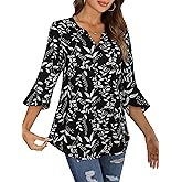DJT Women's Casual V Neck 3/4 Calla Sleeve Chiffon Blouses Tops Side Split Dressy Shirts