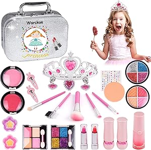 Warckon Washable Kids Makeup Kit for Girls,27 Pcs Real Makeup Toys Set, Safe & Non-Toxic, Princess Pretend Play Makeup for Little Girls Toys Halloween Birthday Christmas Age 3 to 12 Gift for Girls