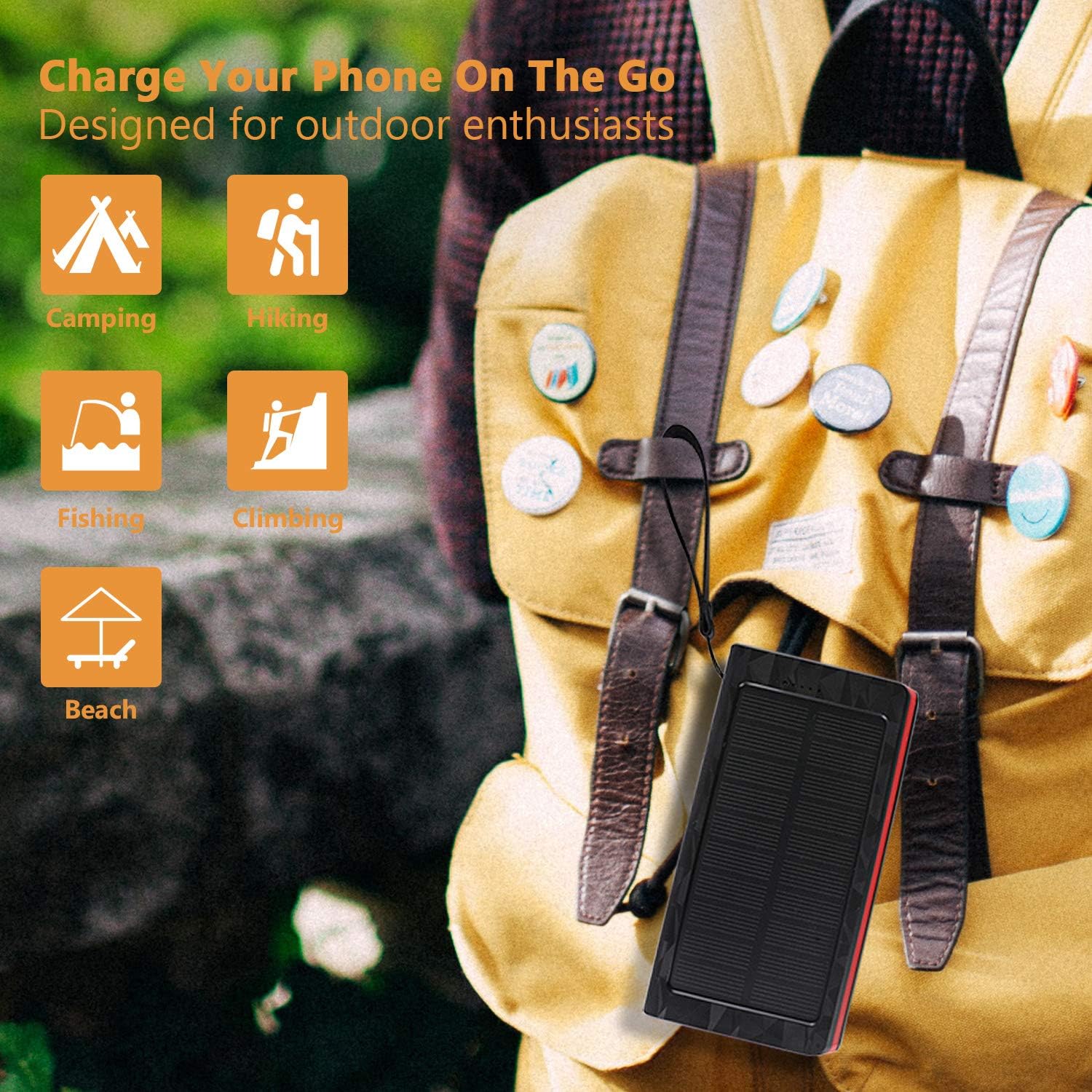 Solar Charger 20000mAh, Portable Phone Charger External Battery Pack, Compatible with iPhone Samsung Tablets & More, Type-C and Micro USB Inputs, 3 Outputs, Flashlight, Lanyard, IP54 Rainproof: Electronics
