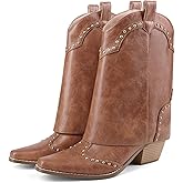 RONILURN Women Shark Boots Fold Over Cowboy Boots Cowgirl Ankle Chunky Heel Snip Toe Pull On Studded Boots for Women