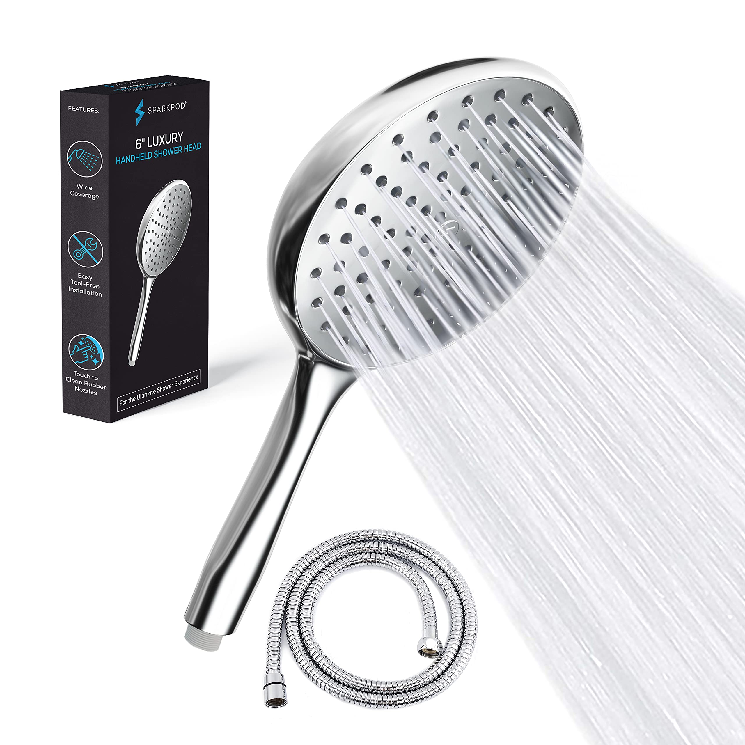 SparkPod High Pressure Handheld Shower Head with Hose - Large Face 6 Inch Rain Shower with Extra Long Hose 6 Feet - Luxury Design - 1 Min Installation (Chrome)