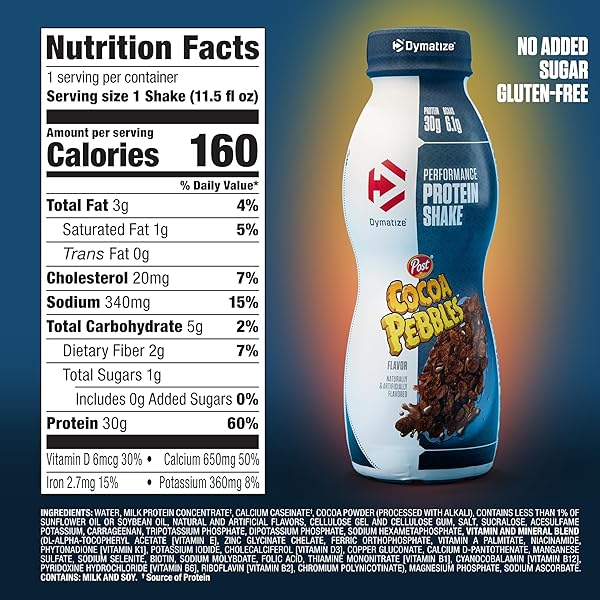 DYMATIZE PROTEIN SHAKE, COCOA PEBBLES, 30G PROTEIN, MEAL REPLACEMENT OR PRE-WORKOUT DRINK, ON-THE-GO BREAKFAST, 6.1G BCAAS, NO ADDED SUGAR, GLUTEN FREE, READY TO DRINK, 11.5 FL OZ