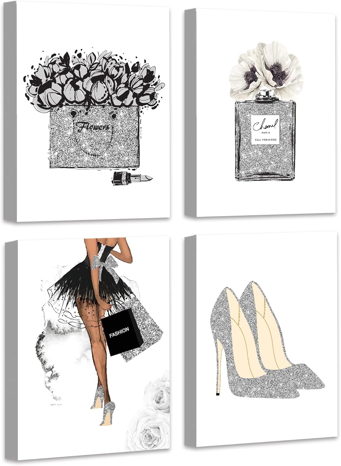 Wall Décor - Glam Gray Fashion Wall Decor - Woman Makeup Framed Wall Art - Silver Girly Beauty Room Décor Pictures Arts for Office Bedroom Bathroom Wall Decor - Perfume Handbags High Heels Lipstick Wall Paintings Set of 4, 8x10 in