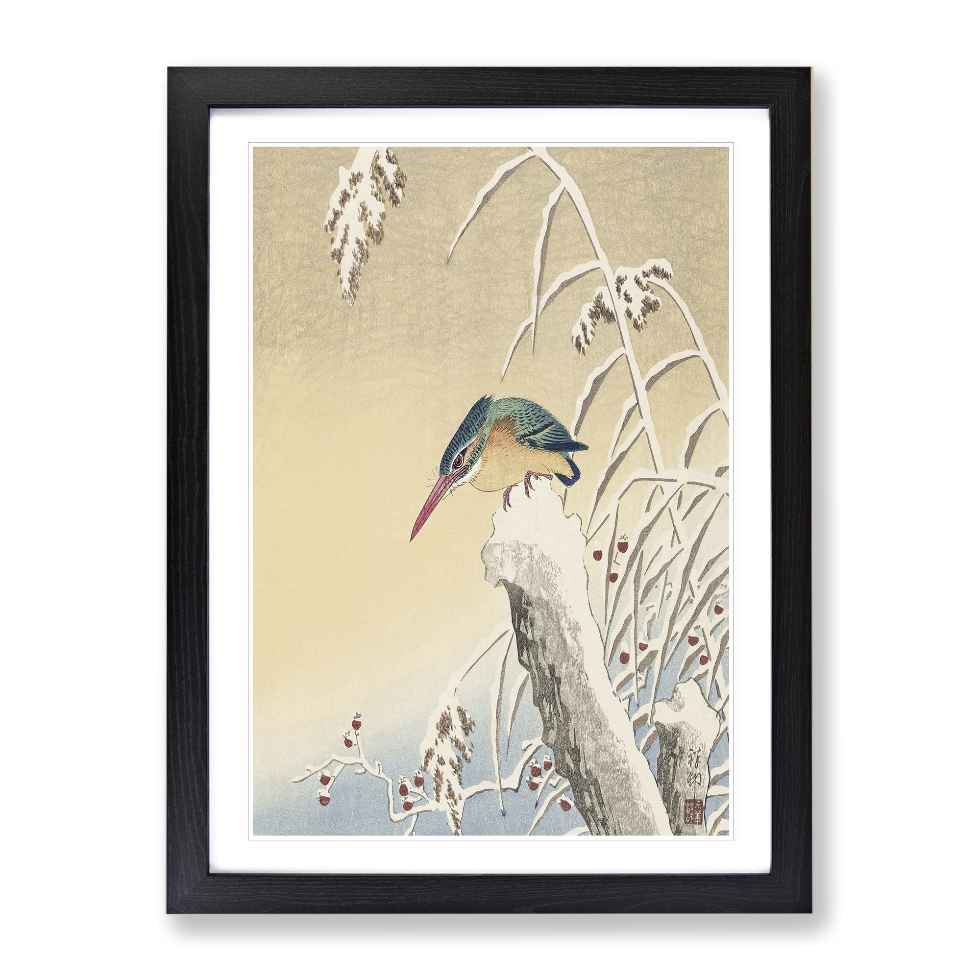 Kingfisher In The Snow By Ohara Koson Asian Japanese Framed Wall Art Print, Ready to Hang Picture for Living Room Bedroom Home Office Décor, Black A4 (34 x 25 cm)