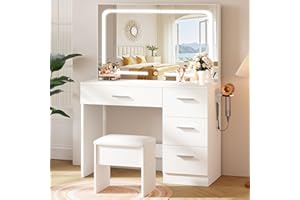 LIVELYGLOW Makeup Vanity Desk Set, White, 35.4“W x 15.7" D x 53.9" H (Large Smart LED Mirror, with Cushion Stool, Hairdryer Rack, Power-Outlet, 4 Drawers)