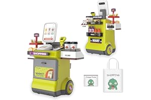 POFJOEQ Cash Register Playset for Kids 48-Piece- Pretend Play Money, Calculator, Scanner, Credit Card Machine, Conveyors, and Play Food - Educational and Fun Toy for Boys and Girls Ages 3 and Up