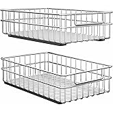 Pull out Cabinet Organizer, Stainless Steel 2-Pack Slide out Drawer with Silent Full-Extension Slides, Adhesive Roll out Can Spice Storage Basket Shelf Rack for Pantry, Kitchen, Bathroom, Home Closet