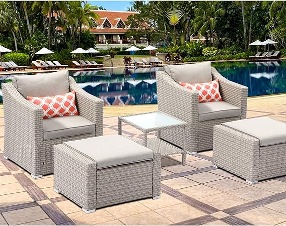 Amazon Com Sunbury Outdoor 5 Pieces Furniture Set Pe Wicker Patio Conversation Chat Chair Set Of 2 W Warm Gray Cushions Glass Coffee Table 2 Coral Patten Pillows 2 Ottomans For Backyard Pool