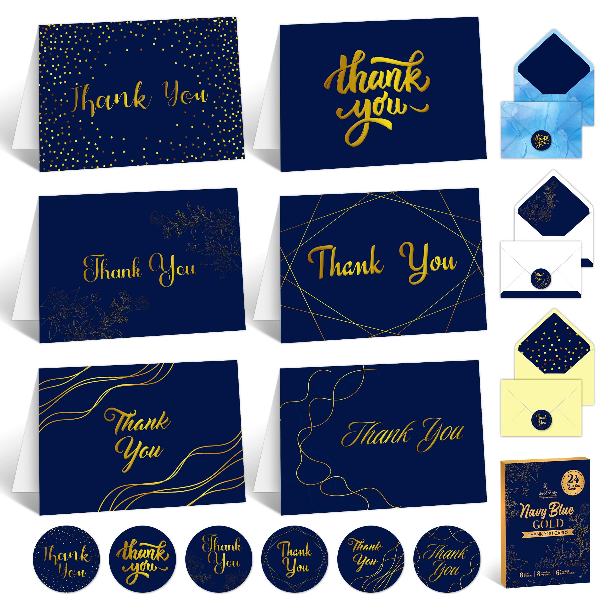 Decorably 24 Pack Gold Foiled 6x4in Navy Blue Thank You Cards Blue with Envelopes and Stickers, 6 Elegant Designs Packs of Thank You Cards, Blank Inside - Weddings, Birthdays โ image 1