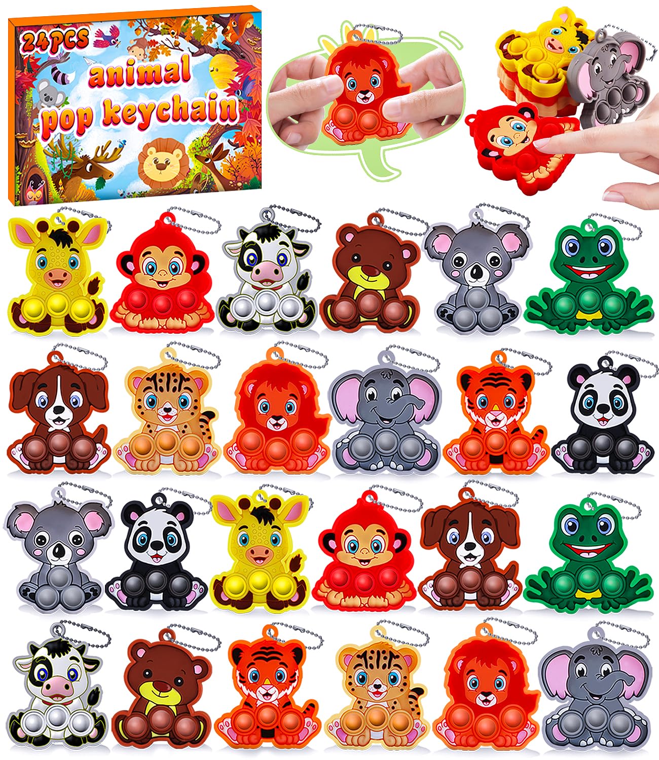 Easter Egg Fillers, 24PCS Aniaml Fidget Keychain, Sensory Pop Fidget Toys Bulk, Party Favors, Goodie Bag Stuffers for Kids, Classroom Prizes, Small Toys for Kids