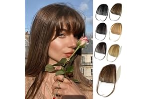 NAYOO Bangs Hair Clip -Medium Brown Fake Bangs 100% Real Human Hair Extensions Wispy Bangs for Women Fringe with Temples Hairpieces Curved Bangs for Daily Wear