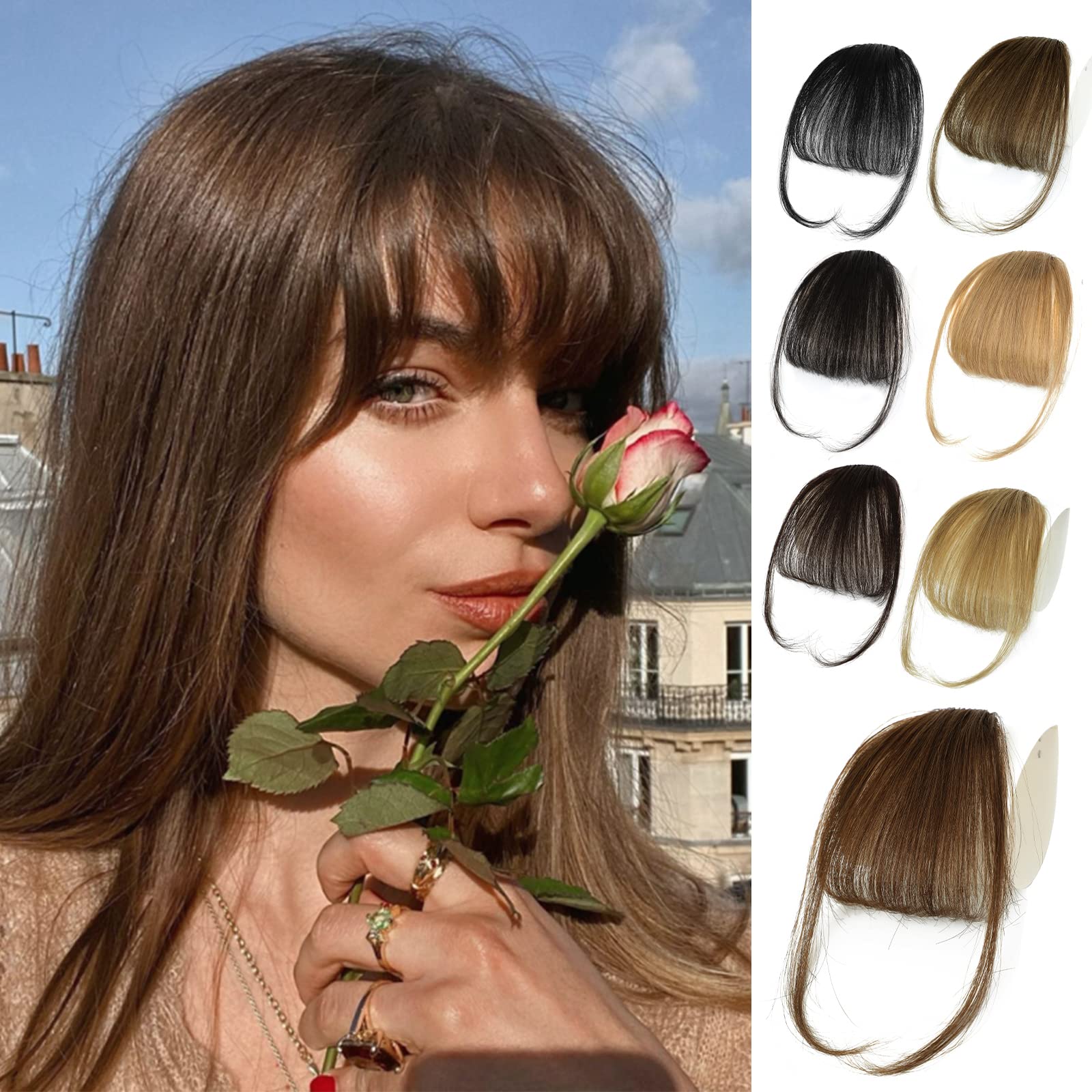 Photo 1 of NAYOO Bangs Hair Clip -Medium Brown Fake Bangs 100% Real Human Hair Extensions Wispy Bangs for Women Fringe with Temples Hairpieces Curved Bangs for Daily Wear