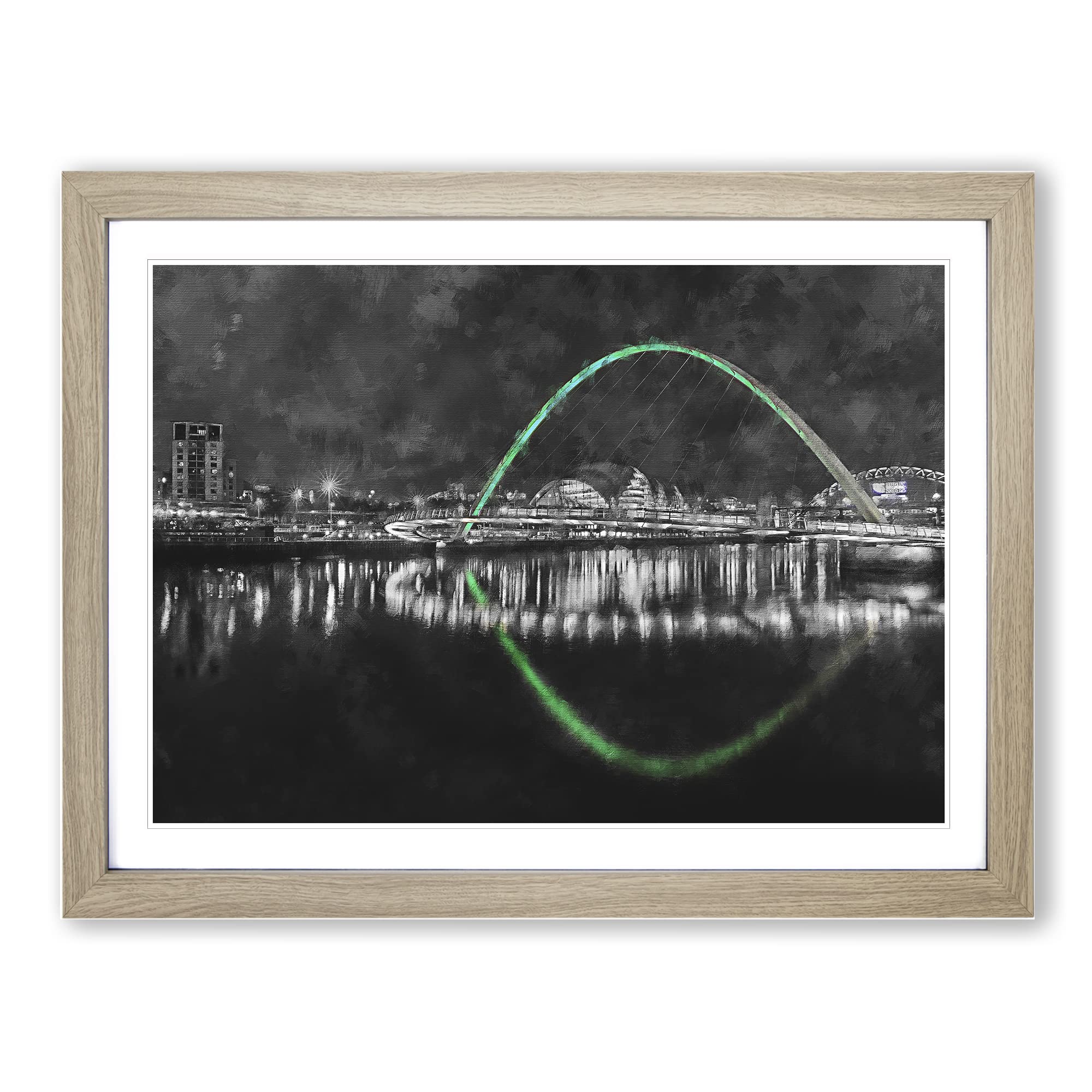 Gateshead Millennium Bridge Painting Modern Art Framed Print | A4 Oak Framed Wall Art | Ready to Hang | Modern Cityscape Picture | Living Room Bedroom Lounge Office
