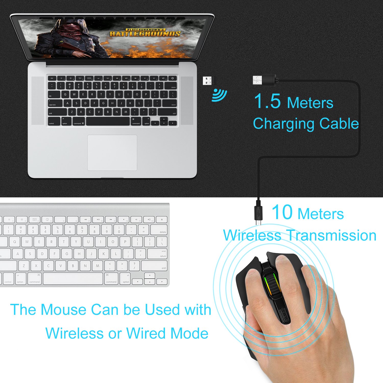 Wireless Wired Gaming Mouse,Dual-mode 2.4GHz Rechargeable Optical Mice with USB Receiver,6000 DPI 6 Adjustable DPI Levels,6 Color Breathing Lights for Laptop PC Mac Pro and Computer(Black)