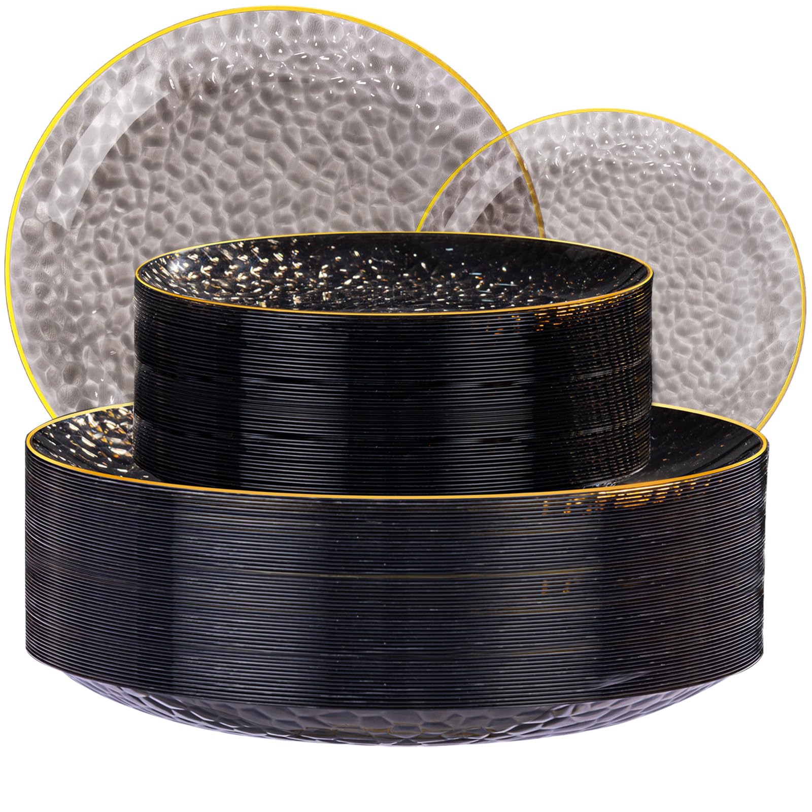 Photo 1 of SUT 100Pcs Black Plastic Plates, Hammered Plates Disposable Heavy Duty, Black Disposable Plates With Gold Rim, Fancy Plastic plates Include 50 Dinner and 50 Dessert plates for Wedding