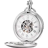TREEWETO Men's Smooth Silver Antique Mechanical Pocket Watch | Gift for Men Women, Hand Wind, Roman Numerals White Dial, With Chain Box
