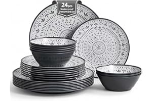 Joviton HOME 24PCS Bohemia Gray Melamine Plastic Dinnerware Sets for 8,Melamine Plates Set of 24PCS,Outdoor Plates and Bowls 