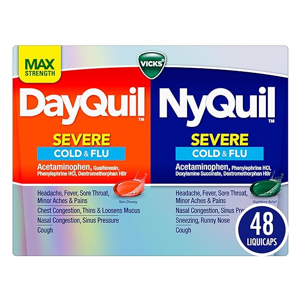 VICKS DAYQUIL & NYQUIL SEVERE CO-PACK, COLD & FLU MEDICINE, POWERFUL RELIEF FOR HEADACHE, FEVER, SORE THROAT, MINOR ACHES & PAINS, CONGESTION, SINUS PRESSURE, STUFFY NOSE, AND COUGH, 48 LIQUICAPS