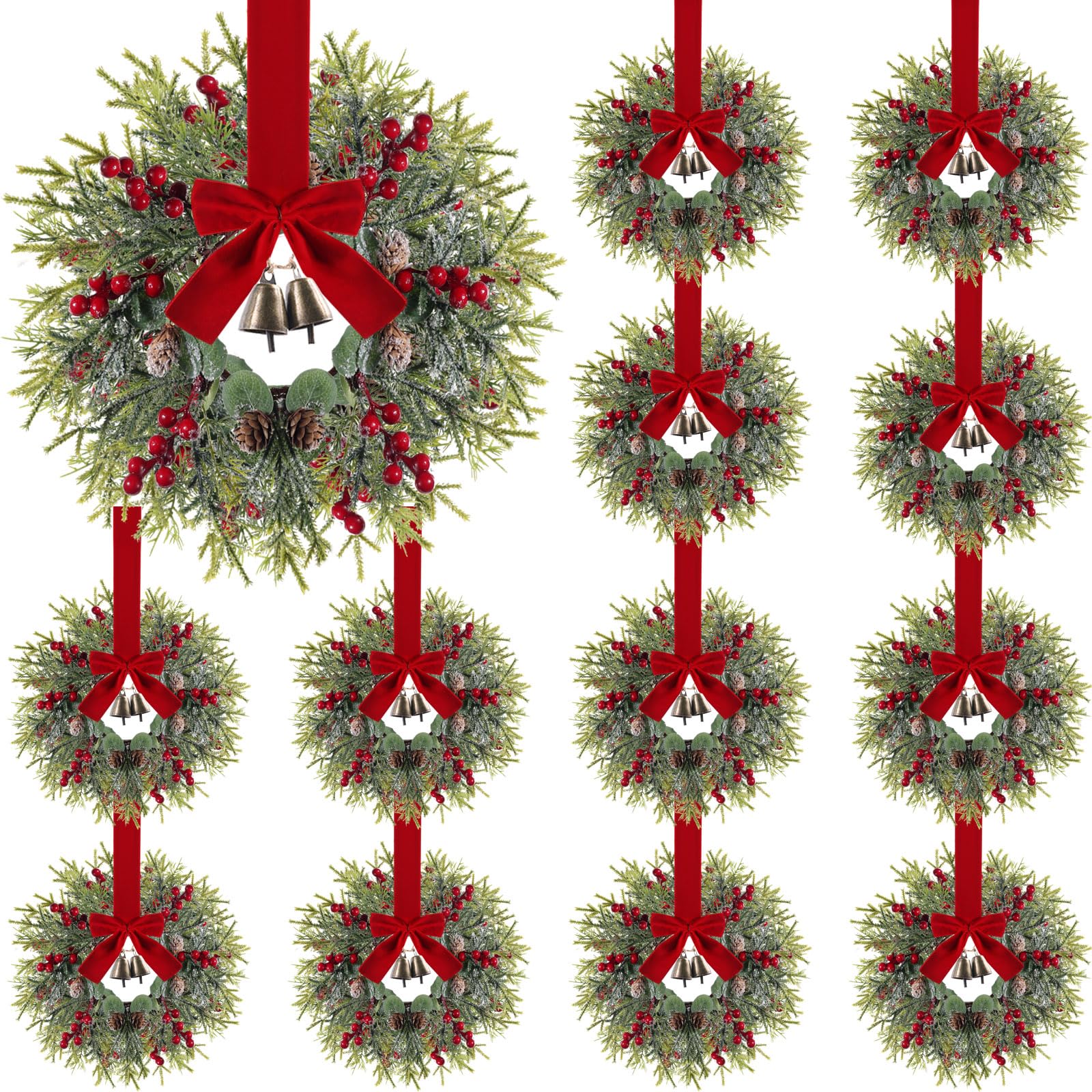 Photo 1 of 12PC Christmas Kitchen Cabinet Wreaths with Ribbon 13'' Small Christmas Wreath Decorations with Bells Farmhouse Decoration Artificial Hanging Garlands for Front Door Window Wall