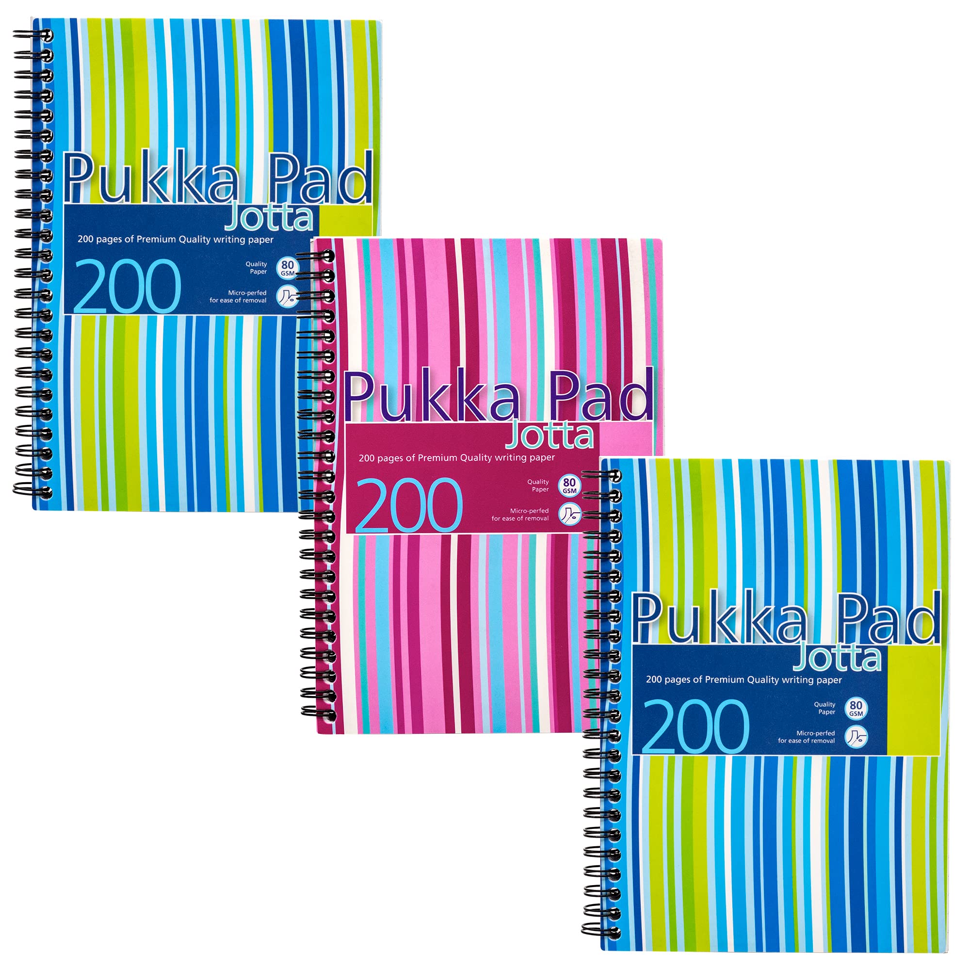 Pukka Pad, Striped Jotta Pad A5 Notebook 3-Pack with Twin Wire Binding - 200 Pages of 80GSM Paper with 8mm Lines and Perforated Edges – Assorted Colours, 21 x 14.5 cm