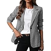 ELLEVEN Women's Plaid Blazers with Embroidered Collar, Houndstooth Business Casual Work Office Jacket with Pockets