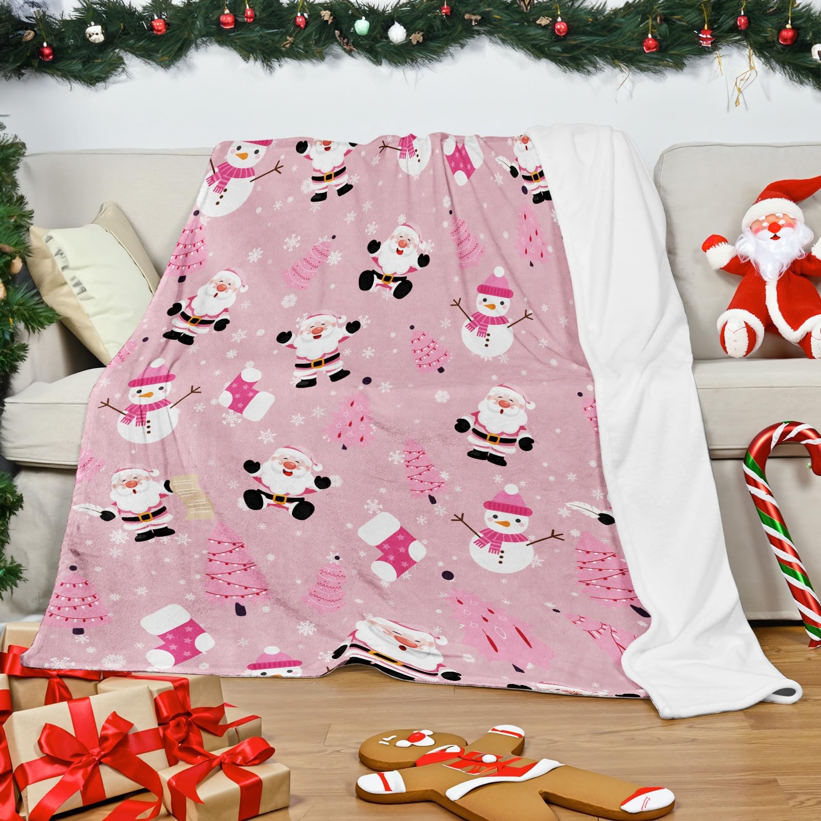 Pink Christmas Throw Blanket Flannel Fleece Holiday Blankets and Throws Cozy Warm Soft Blankets for Couch Cute Pink Snowmen Santa Claus Christmas Tree Prints Xmas Gifts Blanket for Girls, 130cmx152cm