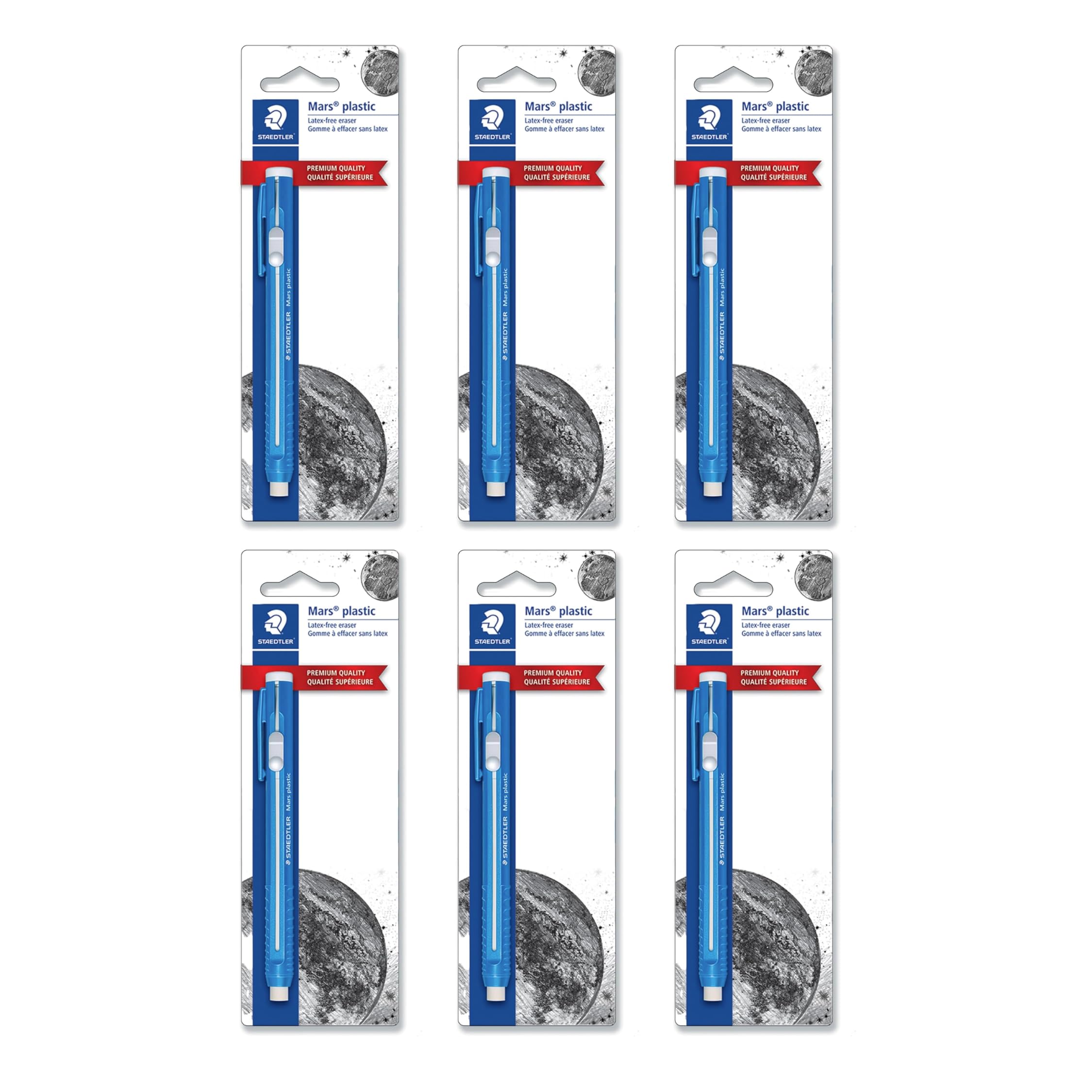 STAEDTLER 6-Pack Mars Plastic Eraser Pen with Refillable Holder, German-Made Eraser for Pencils, Smudge-Free & Tear-Free Precision, Retractable Design with Clip, Blue, 6 Count Image