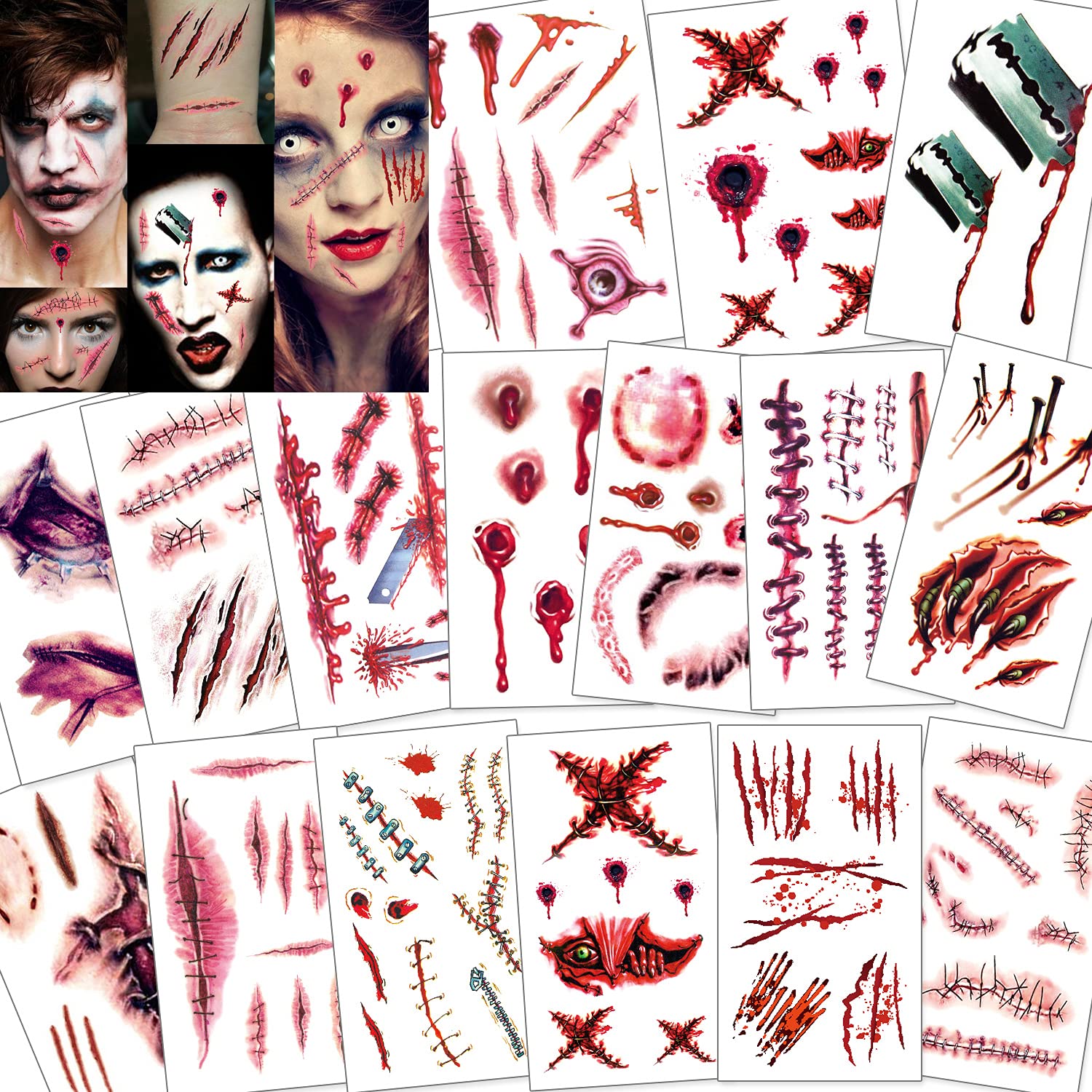 Konsait 118pcs Halloween Scars Tattoos, Zombie Makeup Kit Vampire Bite Tattoo Halloween Costumes Makeup Accessories Fake cuts Scars and Wounds Tattoos for Adults Women Men