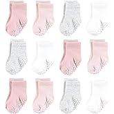 Hudson Baby Infant Girl Cotton Rich Newborn and Terry Socks, Pink Gray Basic, 6-12 Months