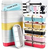 linastu 150 Pack Mini Loaf Pans with Lids and Spoons, 6.8oz Mini Cake Pans + Spoons + stickers Set, Small Cake Containers With Lids, Rectangular Aluminum Foil Baking Pans for Party (Multi-Color)
