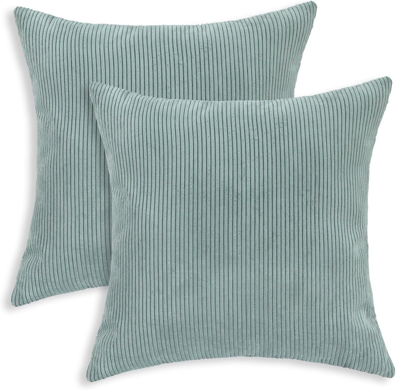 CaliTime Pack of 2 Cozy Throw Pillow Covers Cases for Couch Bed Sofa Ultra Soft Corduroy Striped Both Sides 18 X 18 Inches Duck Egg