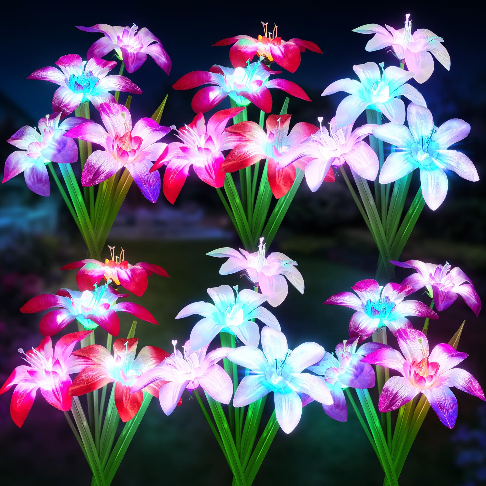 Photo 1 of WdtPro 2025 Upgraded Solar Lights Outdoor 6 Pack, Solar Garden Lights with 24 Blooming Lily RGB Light, 7 Color Changing Waterproof Solar Flower Lights for Outside Yard, Patio Decor Gifts