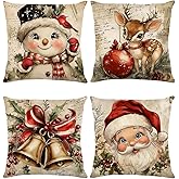 SEGXCFL Christmas Throw Pillow Covers 18x18 Set of 4,Linen Pillow Cases Vintage Snowman Santa Deer,Decorative Pillowcover for Couch Sofa Livingroom Outdoor Christmas Home Decor