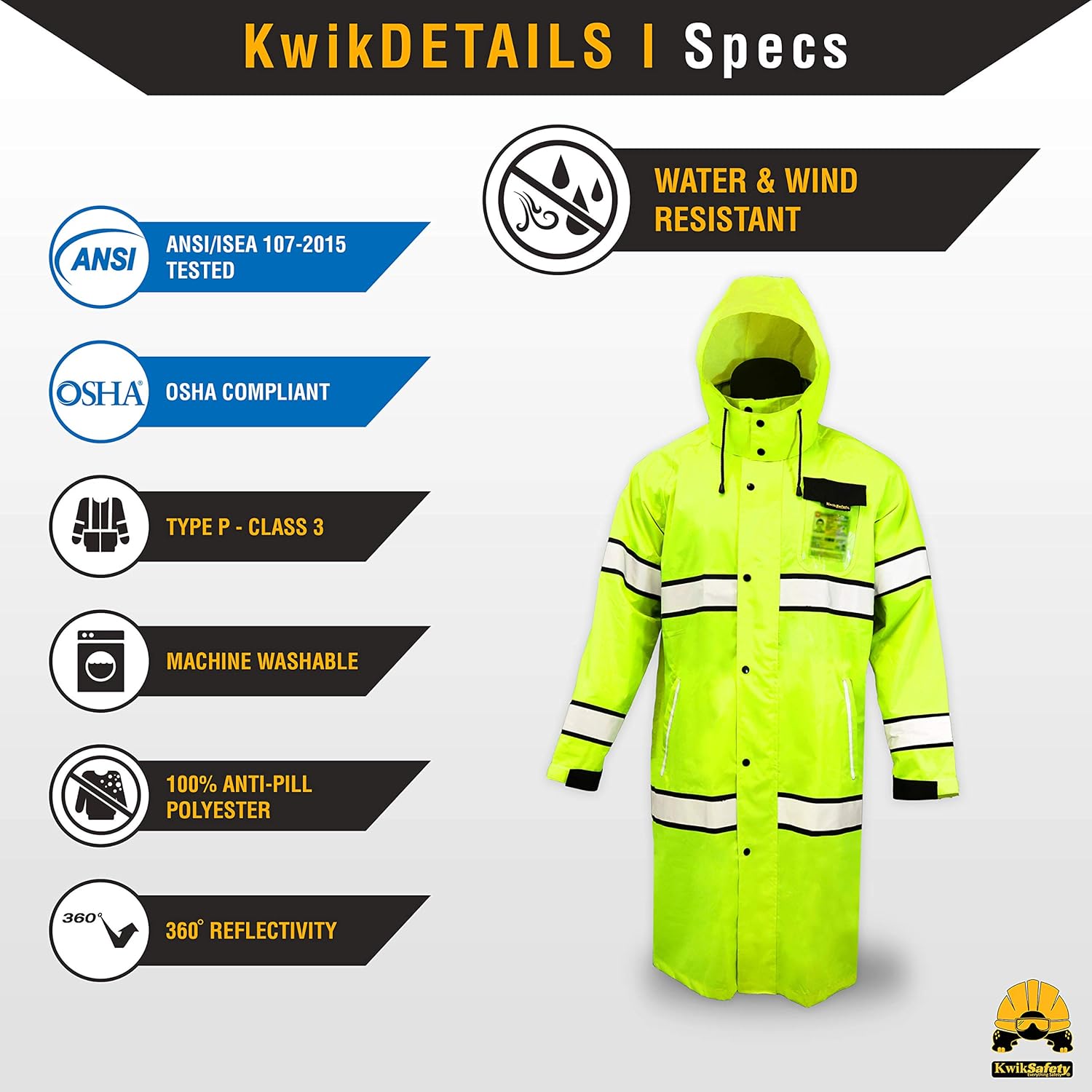 KwikSafety (Charlotte, NC) TORRENT Class 3 Safety Trench Coat | High Visibility Waterproof Windproof Safety Rain Jacket | Hi Vis Reflective ANSI Work Wear | Rain Gear Hideaway Hood Carry Bag | Small - - 